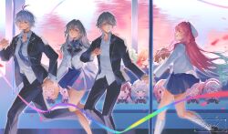  2boys 2girls absurdres aglaea_(honkai:_star_rail) ahoge anaxa_(honkai:_star_rail) aqua_hair beret black_coat black_pants blue_eyes blue_skirt breasts caelus_(honkai:_star_rail) castorice_(honkai:_star_rail) cerydra_(honkai:_star_rail) character_doll chinese_commentary chrysos_heirs_(honkai:_star_rail) coat commentary_request cyrene_(demiurge)_(honkai:_star_rail) cyrene_(honkai:_star_rail) dan_heng_(honkai:_star_rail) dan_heng_(permansor_terrae)_(honkai:_star_rail) doll dual_persona evernight_(honkai:_star_rail) grey_hair hat highres holding_hands honkai:_star_rail honkai_(series) hyacine_(honkai:_star_rail) hysilens_(honkai:_star_rail) long_hair march_7th_(honkai:_star_rail) medium_breasts multiple_boys multiple_girls mydei_(honkai:_star_rail) pants phainon_(honkai:_star_rail) pink_hair pleated_skirt shirt skirt song_lai_yi_zhi_mao stelle_(honkai:_star_rail) trailblazer_(honkai:_star_rail) tribbie_(honkai:_star_rail) very_long_hair white_hair white_shirt yellow_eyes 