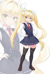  >:) 1girl black_dress black_thighhighs brown_shoes buttons closed_mouth collared_shirt dress full_body hair_between_eyes hair_intakes hands_on_own_hips highres long_hair looking_at_viewer multiple_views necktie noe_(noe_emk) original red_necktie shirt shoes standing thigh-highs twintails v-shaped_eyebrows very_long_hair white_background white_shirt 