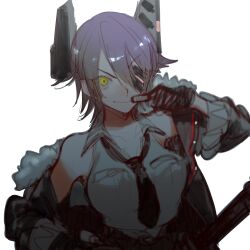  1girl black_gloves black_jacket black_necktie breast_pocket breasts closed_mouth collared_shirt commentary eyepatch fur-trimmed_jacket fur_trim gloves hair_between_eyes headgear jacket kantai_collection large_breasts long_sleeves looking_at_viewer necktie open_clothes open_jacket pocket purple_hair shirt short_hair sidu_(dsd_kgn) simple_background sleeveless sleeveless_shirt solo tenryuu_(kancolle) tenryuu_kai_ni_(kancolle) upper_body white_background yellow_eyes 