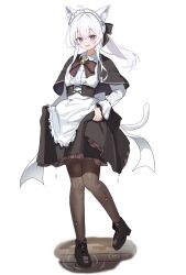  1girl absurdres ahoge animal_ear_fluff animal_ears banchance_p bell black_boots black_capelet black_pantyhose blush boots capelet cat_ears cat_girl cat_tail center_frills clothes_lift collared_shirt commentary_request elaina_(majo_no_tabitabi) frilled_hairband frills hairband highres lifting_own_clothes long_hair looking_at_viewer majo_no_tabitabi neck_bell open_mouth pantyhose shirt shirt_lift smile solo tail violet_eyes wet wet_clothes white_background white_hair white_shirt 