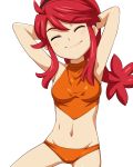  armpits arms_behind_head arms_up blush character_request closed_eyes copyright_request danball_senki eyes_closed hairband hairu hanasaki_ran midriff mound_of_venus navel payot red_hair redhead simple_background smile solo swimsuit white_background 