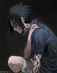  1boy black_background black_hair blue_shirt body_markings commentary_request from_side hand_on_own_shoulder highres male_focus naruto_(classic) naruto_(series) ningyeon on_one_knee parted_lips red_eyes sharingan shirt short_hair short_sleeves shorts simple_background solo twitter_username uchiha_sasuke white_shorts 
