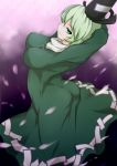  arms_behind_head arms_up ass breasts dress green_dress green_eyes green_hair hat impossible_clothes impossible_dress large_breasts long_sleeves pandain profile s-day short_hair smile smirk soga_no_tojiko solo tate_eboshi touhou 