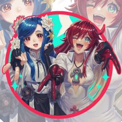  2girls :d ankh ankh_necklace black_gloves blue_eyes breasts clenched_hand commentary cropped_legs dizzy_(guilty_gear) double-parted_bangs double_v fingerless_gloves flower gloves guilty_gear guilty_gear_strive hair_between_eyes hair_flower hair_ornament halo highres jack-o'_valentine long_sidelocks looking_at_viewer medium_breasts multiple_girls one_eye_closed open_mouth parted_bangs queen_dizzy red_eyes red_hair sidelocks smile spiked_halo two-sided_gloves untranslatable_commentary upper_body v white_flower yellow_flower yutaponxd zoom_layer 