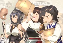  1boy 6+girls abyssal_ship admiral_(kancolle) akagi_(kancolle) antenna_hair bandages black_hair blush_stickers boned_meat breasts brown_eyes brown_hair bucket colored_skin commentary_request double_bun eating food glass hair_bun hakama hands_on_own_head headgear holding holding_bucket japanese_clothes kaga_(kancolle) kantai_collection kirishima_(kancolle) large_breasts long_hair meat multiple_girls muneate mushi_gyouza nagato_(kancolle) naka_(kancolle) one_eye_closed open_mouth red_eyes rice side_ponytail sparkle white_skin wo-class_aircraft_carrier 