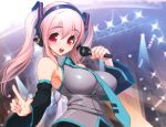  absurdres blush cosplay hatsune_miku hatsune_miku_(cosplay) headphones highres long_hair microphone necktie nitroplus pink_hair red_eyes solo super_sonico super_soniko tsuji_santa twintails vocaloid 