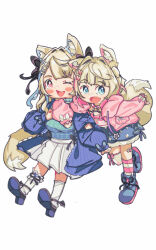  2girls animal_ears blonde_hair blue_eyes blue_hair blue_jacket blue_shirt blue_shoes blue_skirt byxis chibi dog_ears dog_girl dog_tail fang fuwawa_abyssgard fuwawa_abyssgard_(casual) hololive hololive_english jacket medium_hair mococo_abyssgard mococo_abyssgard_(casual) multicolored_hair multiple_girls official_alternate_costume pink_eyes pink_hair pink_jacket pink_shirt shirt shoes siblings sisters skin_fang skirt socks tail twins two-tone_hair two_side_up virtual_youtuber white_skirt white_socks 