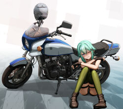  1girl ;) absurdres ankle_boots aqua_hair bare_arms bare_shoulders black_boots black_gloves black_leotard black_shorts blue_eyes blush boots breasts closed_mouth collarbone commentary_request crossed_arms detached_pants double-parted_bangs fingerless_gloves full_body gloves gradient_background green_pants hair_between_eyes head_tilt highres knees_up leather leather_boots leotard looking_at_viewer medium_breasts medium_hair messy_hair motor_vehicle motorcycle multicolored_leotard one_eye_closed pants real_life rrrr_(user_krky7724) shadow shoe_belt short_shorts shorts sidelocks sinon sitting skindentation small_breasts smile solo suzuki_(company) sword_art_online two-tone_leotard vehicle_request white_background white_leotard 