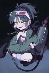  1girl 3d_glasses :d an-an_lee backpack bag bell_jar black_background black_boots black_choker black_gloves black_hair black_skirt boots choker earrings eyewear_on_head fang fingerless_gloves from_above from_side full_body gauze_on_knee gloves green_jacket hand_on_own_cheek hand_on_own_face highres holding holding_megaphone hoop_earrings jacket jewelry kasago0217 looking_at_viewer megaphone miniskirt open_mouth ponytail reverse:1999 shirt skirt smile solo squatting twitter_username white_shirt yellow_eyes yin_yang 