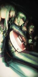  3girls absurdres bang_dream! bang_dream!_it's_mygo!!!!! chiaroscuro clapping electric_guitar green_hair guitar highres holding holding_guitar holding_instrument instrument light_particles long_hair looking_at_viewer luqosan mortis_(bang_dream!) mortis_(persona)_(bang_dream!) multiple_girls multiple_persona open_mouth pointy_nose serious smile squinting teeth upper_teeth_only wakaba_mutsumi yellow_eyes 