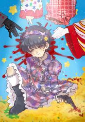  animal_hands black_boots black_gloves black_hair blood blood_on_flower blood_on_gun blood_on_weapon blood_splatter blue_nails boots buttons closed_eyes closed_mouth collared_dress crying double-breasted dress falling_flower fever_(heisei_pistol_show) field flower flower_field frilled_dress frilled_shirt_collar frilled_socks frilled_wrist_cuffs frills gloves gun hair_between_eyes hairband heart_(heisei_pistol_show) heisei_pistol_show highres holding holding_gun holding_weapon juliet_sleeves knee_blush kneehighs lolita_fashion lolita_hairband long_sleeves matsumoto_(heisei_pistol_show) multiple_boys multiple_girls nail_polish on_ground puffy_sleeves reaching red_nails sad_smile short_hair sitting socks tokimeki_(heisei_pistol_show) tokkori tyoveriba_(heisei_pistol_show) weapon white_socks wrist_cuffs yellow_flower 