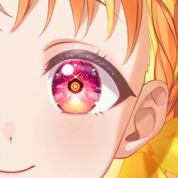  1girl bow close-up closed_mouth commentary_request eye_focus looking_at_viewer love_live! love_live!_sunshine!! official_art orange_hair pink_eyes solo takami_chika yellow_bow 
