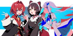  3girls :3 :d absurdres ange_katrina ange_katrina_(1st_costume) animal_ears animal_hair_ornament armband back_bow black_coat black_collar blue_armband blue_background blue_bow blue_eyes blue_hair blue_neckerchief blue_sash blue_skirt blush bow breasts brown_hair brown_kimono buttons cardigan closed_mouth coat collar collared_shrug colored_inner_hair commentary_request dog_ears dog_girl double-breasted double_v fang floating_hair flower frills gradient_background gradient_eyes group_picture hair_between_eyes hair_flower hair_intakes hair_ornament hand_up hands_up heterochromia highres inui_toko inui_toko_(1st_costume) japanese_clothes kimono layered_skirt lize_helesta lize_helesta_(1st_costume) long_hair long_sidelocks long_sleeves looking_at_viewer looking_to_the_side low_twintails maid_headdress maorisu_henkyo_haku medium_hair multicolored_eyes multicolored_hair multiple_girls neckerchief nijisanji obi obiage off_shoulder open_mouth pleated_skirt profile red_background red_cardigan red_eyes red_hair red_skirt sanbaka_(nijisanji) sash shirt shirt_tucked_in shrug_(clothing) sidelocks skirt sleeves_past_wrists small_breasts smile split_mouth streaked_hair teeth thigh_strap triangle_hair_ornament twintails two-tone_hair upper_teeth_only v very_long_hair violet_eyes virtual_youtuber waving white_background white_hair white_headdress white_shirt white_shrug white_skirt yellow_eyes 