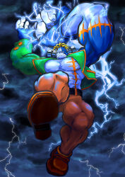  1boy abs biceps blonde_hair blue_skin clouds colored_skin darkstalkers electricity fingerless_gloves from_below full_body gloves highres jacket large_hands lightning male_focus manly midair minokichi_(arufooto25) monster_boy muscular muscular_male open_clothes pants pectorals sky solo stitches thick_thighs thighs victor_von_gerdenheim 