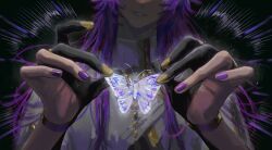  1boy black_background black_gloves bracelet bug butterfly eyes_out_of_frame facing_viewer foreshortening gloves glowing_butterfly gold_bracelet grin half_gloves hands_up head_out_of_frame head_tilt high_collar highres holding_butterfly jewelry light_particles light_rays long_hair male_focus nail_polish nu_carnival purple_hair purple_nails rin_(nu_carnival) smile solo user_hmvk4878 very_long_hair wolf_cut 