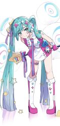  1girl aqua_eyes aqua_hair belt blush boots collared_dress commentary_request dress full_body future_eve_(vocaloid) gloves gradient_hair hair_ornament hair_ribbon hatsune_miku hayato_noda headset highres holding holding_wand leaning_forward light_smile long_hair looking_to_the_side magical_mirai_(vocaloid) magical_mirai_miku magical_mirai_miku_(2022) multicolored_boots multicolored_hair official_alternate_costume official_alternate_hairstyle pink_boots pink_dress pink_gloves ribbon sleeveless sleeveless_dress solo star_(symbol) star_hair_ornament thigh_strap twintails two-tone_boots two-tone_dress very_long_hair vocaloid wand white_background white_boots white_dress 