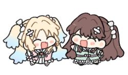  2girls :d ^_^ aqua_dress bandaid bandaid_hair_ornament blonde_hair blue_hair bow chibi chibi_only closed_eyes commentary dress fujishima_megumi full_body gradient_hair hair_bow hair_ornament hakuchu_a_la_mode long_sleeves love_live! love_live!_hasu_no_sora_jogakuin_school_idol_club mira-cra_park! multicolored_hair multiple_girls osawa_rurino pink_dress short_sleeves simple_background smile twintails two_side_up virtual_youtuber watage_modoki white_background white_bow x_hair_ornament 