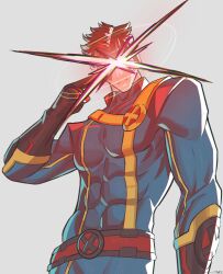  1boy absurdres blue_bodysuit bodysuit brown_hair cyclops_(x-men) eric_tran eye_beam gloves head-mounted_display highres male_focus marvel marvel_rivals multicolored_bodysuit muscular muscular_male short_hair solo superhero_costume two-tone_bodysuit x-men x-uniform 