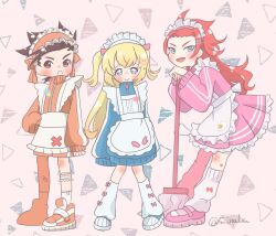  5_inaba apron blonde_hair blue_eyes blue_jacket blue_shoes blush brown_hair colette_brunel commentary_request forehead frilled_thigh_strap hair_ornament hair_pulled_back highres jacket jersey_maid leaning_on_object lloyd_irving long_hair looking_at_viewer loose_socks maid maid_apron maid_headdress mop open_mouth orange_jacket orange_shoes pink_jacket pink_shoes pleated_skirt red_eyes red_hair shoes sidelocks skirt sneakers socks tales_of_(series) tales_of_symphonia thigh_strap triangle_background twintails twitter_username unconventional_maid white_apron zelos_wilder 