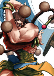  1boy abs absurdres biceps bracelet braid brown_hair covered_abs darkstalkers donovan_baine highres holding holding_weapon huge_weapon jewelry long_hair looking_at_viewer male_focus minokichi_(arufooto25) muscular muscular_female muscular_male shuriken simple_background single_sleeve solo street_fighter sword twin_braids veins weapon white_background 