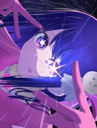  1girl :p arms_up commentary_request dark_background double_v gloves glowing glowing_eye hair_ornament hair_over_shoulder highres hoshino_ai looking_at_viewer oshi_no_ko pink_gloves rayamamami shade sideways solo star-shaped_pupils star_(symbol) symbol-shaped_pupils tongue tongue_out v violet_eyes 