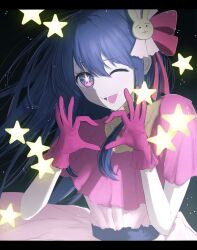  1girl :d ;d commentary_request dark_background dress four-finger_heart_hands gloves hair_between_eyes hair_ornament hair_ribbon hands_up heart heart_hands highres hoshino_ai long_hair one_eye_closed oshi_no_ko pink_dress pink_gloves purple_hair rabbit_hair_ornament rayamamami ribbon shade short_sleeves smile solo star_(symbol) teeth upper_body very_long_hair 
