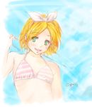 blonde_hair blush bust cyprus flat_chest green_eyes kagamine_rin open_mouth short_hair sky smile striped striped_bikini striped_swimsuit swimsuit vocaloid 