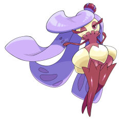  1girl alternate_color chaba_tsuke commentary_request crown full_body highres long_hair mini_crown no_feet one_eye_closed pokemon pokemon_(creature) purple_hair purple_thighhighs shiny_pokemon simple_background solo thigh-highs transparent_background tsareena violet_eyes 