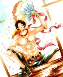  1boy ^_^ arm_tattoo belt black_hair black_shorts boots bouquet closed_eyes commentary_request dutch_angle freckles holding holding_bouquet jewelry male_focus necklace one_piece pearl_necklace portgas_d._ace short_hair shorts sitting solo tattoo topless_male xxequal 