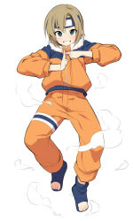  1girl blue_boots boots brown_hair cosplay forehead_protector full_body grin idolmaster idolmaster_cinderella_girls jacket kuji-in long_sleeves looking_at_viewer naruto_(classic) naruto_(series) open-toe_boots orange_jacket orange_pants pants revision simple_background smile smoke solo tada_riina uccow uzumaki_naruto uzumaki_naruto_(cosplay) white_background 