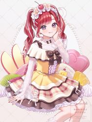  1girl :q apple apple_slice bow brown_bow center_frills cherry closed_mouth commentary_request dress feet_out_of_frame food food_request frills fruit gradient_hair green_nails grey_background hand_on_own_face hand_up heart heart_in_eye highres kiwi_(fruit) kiwi_slice long_sleeves momoshiki_tsubaki multicolored_hair multicolored_nails nail_polish nijisanji parted_bangs red_hair red_nails ringlets saotome_berry see-through_clothes see-through_sleeves shirt sitting sleeves_past_wrists smile solo streaked_hair symbol_in_eye thick_eyebrows tongue tongue_out twintails violet_eyes virtual_youtuber watermark whipped_cream white_hair white_shirt yellow_dress yellow_nails 