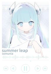  1girl blue_eyes blue_hair coat commentary_request commission headgear high_collar highres indie_virtual_youtuber kokaka66 long_hair looking_at_viewer media_player_interface second-party_source sidelocks solo somunia virtual_youtuber white_coat 