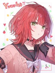  1girl absurdres ahoge alternate_hair_length_(shorter) alternate_hairstyle black_choker black_sailor_collar black_shirt bow bowtie brown_cardigan cardigan character_name choker commentary_request green_eyes highres long_sleeves looking_at_viewer mirimiri21 red_hair sailor_collar shirt solo twitter_username ukinami_yuzuha upper_body white_bow white_bowtie wolf_cut zenless_zone_zero 