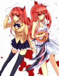  2girls antenna_hair black_thighhighs blood blood_stain chaos;head commentary_request d-sword dress holding holding_sword holding_weapon long_hair miniskirt multiple_costumes multiple_girls nishijou_myu open_mouth petticoat pleated_skirt sakihata_rimi sakihata_rimi's_d-sword salute school_uniform science_adventure serious side-by-side skirt smile suimei_academy_school_uniform sundress sword thigh-highs weapon white_dress winter_uniform 