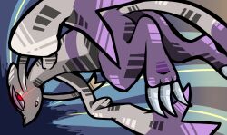  1other :o blue_background claws commentary_request full_body furry glowing glowing_eyes grey_fur highres looking_at_viewer meruru_gu mienshao open_mouth pokemon pokemon_(creature) purple_fur red_eyes simple_background snout solo standing two-tone_fur whiskers 