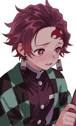  2boys absurdres checkered_haori demon_slayer_uniform earrings hanafuda_earrings haori highres japanese_clothes jewelry kamado_tanjirou kimetsu_no_yaiba kqi621 long_sleeves male_focus multicolored_hair multiple_boys red_hair scar scar_on_face scar_on_forehead short_hair white_background 