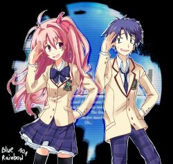  1boy 1girl :d antenna_hair blazer blue_hair bluerainbowart bow bowtie breasts brown_jacket chaos;head collared_shirt dress_shirt highres jacket lapels long_hair long_sleeves looking_at_another loose_necktie miniskirt necktie nervous_smile nishijou_takumi notched_lapels one_side_up open_collar open_mouth petticoat pink_eyes pink_hair plaid_bow plaid_bowtie plaid_clothes plaid_necktie plaid_skirt pleated_skirt purple_bow purple_bowtie purple_necktie red_trim sakihata_rimi salute school_emblem school_uniform science_adventure shirt short_hair skirt small_breasts smile suimei_academy_school_uniform tongue white_shirt winter_uniform yellow_eyes zettai_ryouiki 
