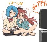  &gt;:) &gt;:d 2girls :d =_= bare_legs barefoot black_legwear blue_hair blush_stickers bow casual controller cutoffs denim denim_shorts game_controller hair_bow hoodie indian_style long_hair long_sleeves mahou_shoujo_madoka_magica miki_sayaka multiple_girls navel no_shoes open_mouth plaid plaid_skirt playing_games ponytail red_eyes red_hair redhead sabaku_chitai sakura_kyouko school_uniform short_hair shorts simple_background sitting skirt smile socks sweatdrop television white_background xbox_360 