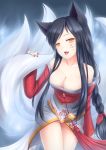  ahri animal_ears bare_shoulders black_hair braid breasts cleavage detached_sleeves facial_mark fang fingernails fox_ears fox_tail highres kerasu large_breasts league_of_legends long_fingernails long_hair looking_at_viewer multiple_tails nail_polish open_mouth smile solo tail thighs tongue yellow_eyes 
