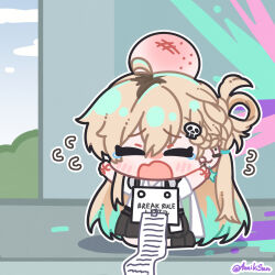 1girl azaikisan blonde_hair braid braided_bangs chibi closed_eyes colorful_background crying earrings hair_between_eyes hair_ornament highres jewelry long_hair lynae_(wuthering_waves) multicolored_hair open_mouth shirt_tucked_in skull_hair_ornament star_(symbol) star_earrings wuthering_waves 