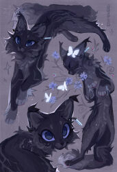  animal animal_focus artist_name bug butterfly cat commentary commission crystal_earrings earrings english_commentary faux_traditional_media fluffy glowing graypillow grey_background grey_cat highres jewelry multiple_views no_humans original painterly realistic_paint_studio_(medium) simple_background single_earring violet_eyes warrior_cats whiskers 