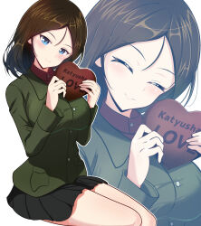  1girl absurdres black_shirt blue_eyes box breasts brown_hair closed_eyes commentary_request girls_und_panzer gratin_(kumaisao) green_jacket heart-shaped_box highres holding jacket large_breasts long_hair looking_at_viewer multiple_views nonna_(girls_und_panzer) pravda_military_uniform shirt simple_background sitting smile solo white_background 