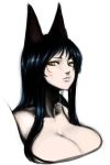  animal_ears black_hair breasts bust cleavage face facial_mark female fox_ears huge_breasts large_breasts league_of_legends lips long_hair looking_at_viewer simple_background solo space_jin spacezin yellow_eyes 