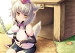  aaru_(tenrake_chaya) animal_ears bike_shorts blush breasts bridal_gauntlets chain chains collar doghouse hat highres inubashiri_momiji large_breasts looking_at_viewer luliao short_hair silver_hair sitting solo tail tokin_hat touhou wolf_ears wolf_tail yellow_eyes 
