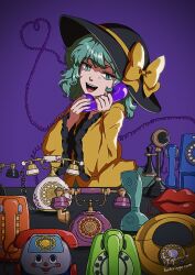  1girl absurdres black_hat bow collared_shirt commentary_request corded_phone frilled_shirt_collar frilled_sleeves frills green_eyes green_hair hat hat_bow heart heart_of_string highres holding holding_phone hoshiringo0902 koishi_day komeiji_koishi long_sleeves looking_at_viewer open_mouth phone purple_background shirt signature smile solo teeth touhou upper_body upper_teeth_only web_address wide_sleeves yellow_bow yellow_shirt 