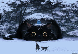  1other ambiguous_gender animal artist_name bird black_cat black_dog blue_bird cat commentary_request dog footprints forest looking_at_viewer monokubo nature original oversized_animal snow tree whiskers yellow_eyes 
