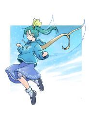 1girl alternate_costume black_shoes blue_hoodie blue_skirt blue_sky blush clenched_hands commentary_request daiyousei english_text fairy_wings flying from_side green_eyes green_hair grey_socks hair_ribbon hood hoodie long_hair long_sleeves petticoat pointy_ears profile rangycrow ribbon shoes side_ponytail skirt sky socks solo touhou transparent_wings wings yellow_ribbon 