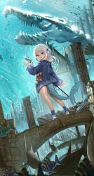  1girl absurdres advarcher blue_eyes blue_hoodie blue_socks blunt_bangs fins fish fish_tail gawr_gura gawr_gura_(1st_costume) grey_hair highres hololive hololive_english hood hoodie long_sleeves looking_at_viewer microphone microphone_stand multicolored_hair open_mouth ruins shark_girl shark_tail shoes skeleton smile socks solo streaked_hair tail underwater virtual_youtuber water 