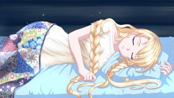  1girl bed bed_sheet blanket blonde_hair braid breasts closed_eyes highres indoors large_breasts long_hair long_shirt lying nude on_bed on_side original orika_nekoi pillow shirt slavya-chan sleeping solo twin_braids twintails white_shirt wide_hips wooden_wall 