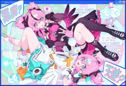  2girls absurdres aqua_streaks aria_(human)_(discordant_note)_(zenless_zone_zero) aria_(human)_(zenless_zone_zero) aria_(zenless_zone_zero) asymmetrical_legwear black_boots black_pantyhose black_socks black_streaks blue_eyes boots closed_mouth commentary dress dual_persona english_commentary fingerless_gloves gloves highres knee_up knees_up looking_at_viewer monoco55 multicolored_hair multiple_girls official_alternate_costume open_mouth pantyhose pink_gloves pink_hair pink_socks short_sleeves smile socks streaked_hair symbol-shaped_pupils tongue tongue_out uneven_legwear white_boots white_dress wings zenless_zone_zero 